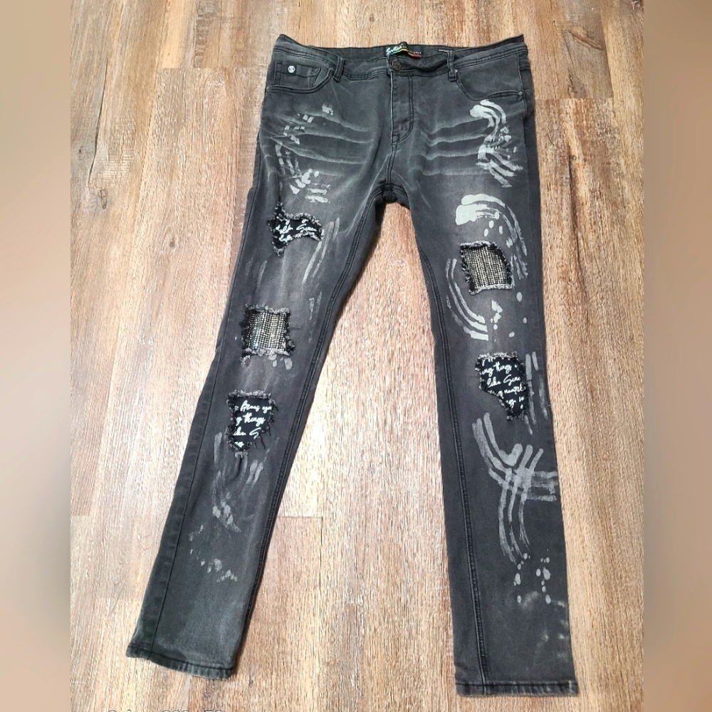 Switch Remarkable Jeans Mens 38x34 Black Distressed Graffiti Hip Hop Bling